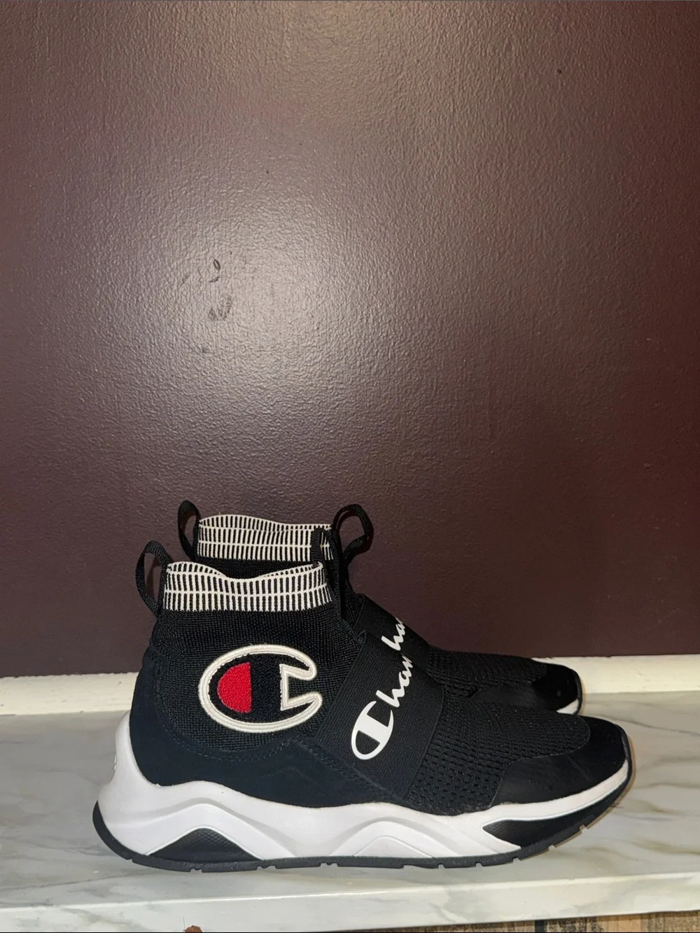 Champion Black Knit Slip-On Kids Sneakers with Red Logo Accent